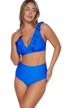 Plus Size|High-Waist<Sunsets Electric Blue Capri High Waist Bottom
