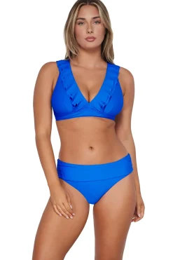 Plus Size|High-Waist<Sunsets Electric Blue Capri High Waist Bottom