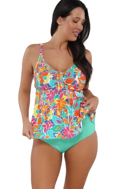 Plus Size|Underwire<Sunsets Escape Festive Floral Sandbar Rib Marin Tankini Top