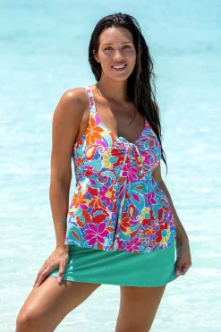 Plus Size|Underwire<Sunsets Escape Festive Floral Sandbar Rib Marin Tankini Top