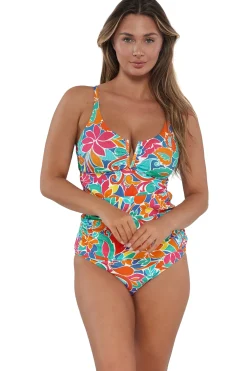 Plus Size|Underwire<Sunsets Festive Floral Sandbar Rib Zuri V-Wire Tankini Top