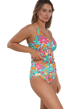 Plus Size|Underwire<Sunsets Festive Floral Sandbar Rib Zuri V-Wire Tankini Top