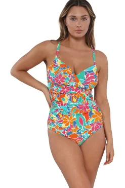 Plus Size|Underwire<Sunsets Festive Floral Sandbar Rib Serena Tankini Top