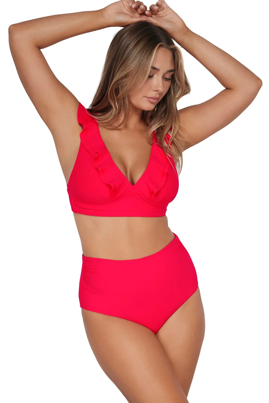 Plus Size|Bikini Bottoms<Sunsets Geranium Capri High Waist Bottom