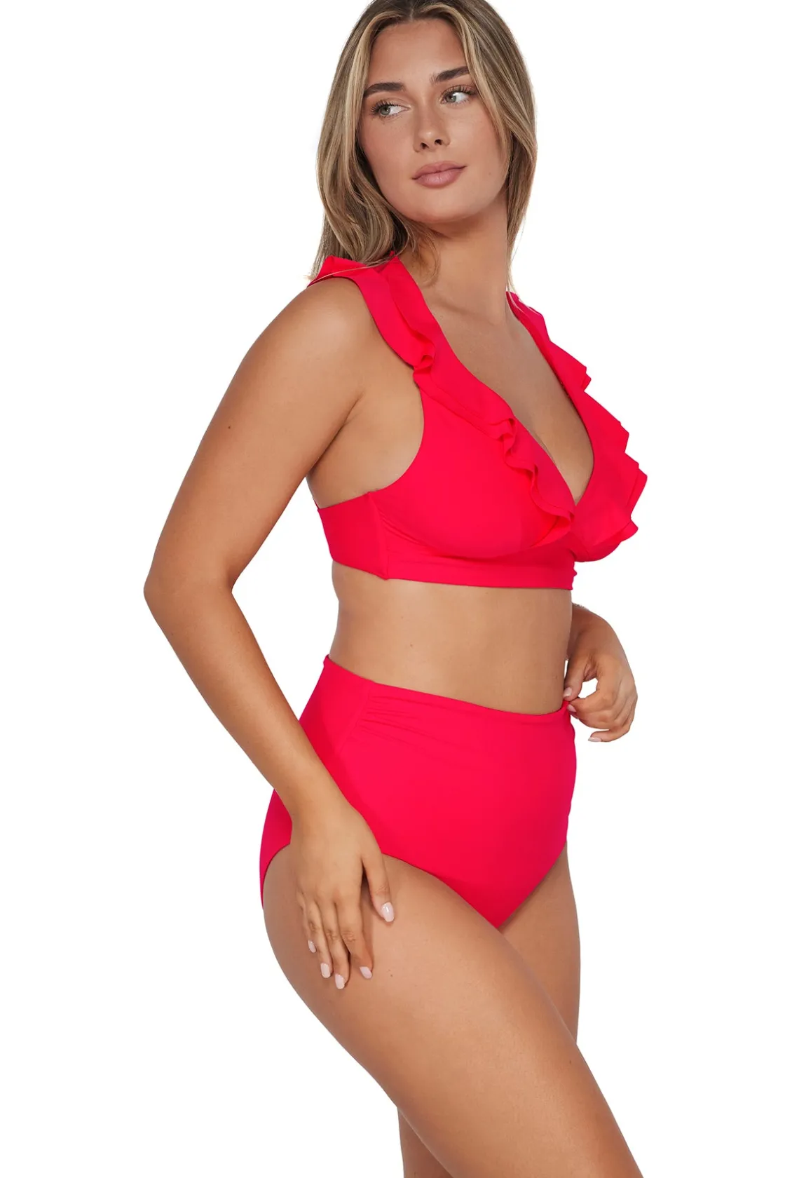 Plus Size|Bikini Bottoms<Sunsets Geranium Capri High Waist Bottom